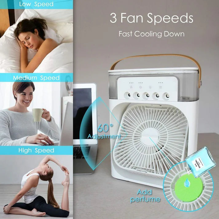 PORTABLE FAN AIR CONDITIONERS USB ELECTRIC FAN LED NIGHT LIGHT WATER MIST FUN 3 IN 1 AIR HUMIDIFIE FOR HOME
